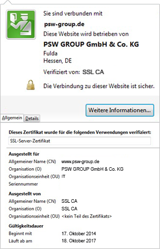 Screenshot der Zertifikatinformationen eines Browser für ein EV Zertifikat.