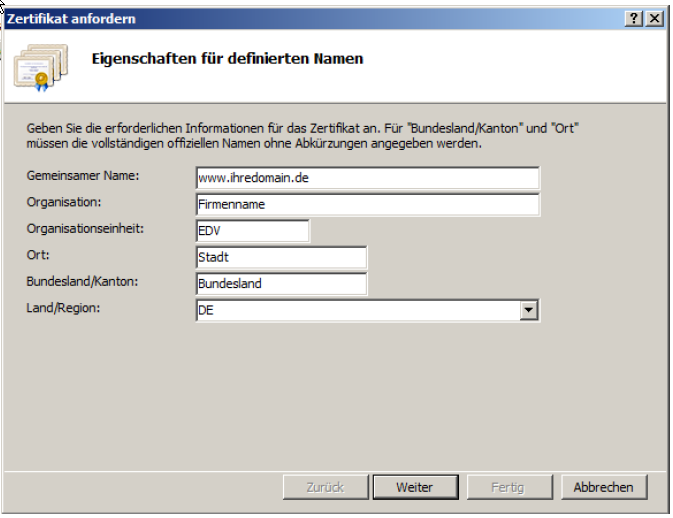 Füllen Sie alle benötigten Felder entsprechend Ihres Unternehmens aus. Der gemeinsame Name ist der FQDN des Servers. Dieser Domainname muss auf die IP des Servers auflösen: Füllen Sie alle benötigten Felder entsprechend Ihres Unternehmens aus. Der gemeinsame Name ist der FQDN des Servers. Dieser Domainname muss auf die IP des Servers auflösen: