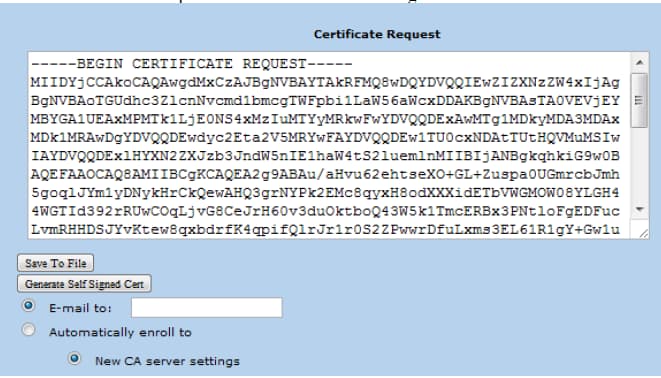 Im nun gezeigten Dialog kopieren Sie bitte den vollständigen Inhalt des Kastens mit dem CSR, um diesen später in das Webformular einfügen zu können. Screenshot des Dialogs zum Eintragen der CSR-Daten.