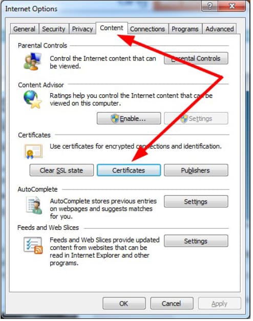 Öffnen Sie den Internet Explorer und dort die Internet Optionen Screenshot der Internetoptionen im Internet Explorer. Im Reiter 'Inhalt' ist der Button 'Zertifikate' hervorgehoben.