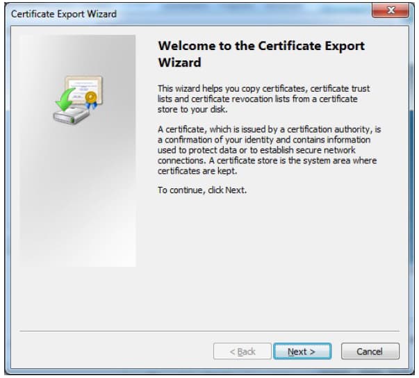 Folgen Sie den Anweisungen des Assistenten und übernehmen die gewünschten Optionen Screenshot des Willkomensbildschirm des 'Certificate Export Wizard'.