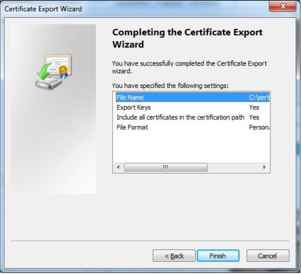 Folgen Sie den Anweisungen des Assistenten und übernehmen die gewünschten Optionen Screenshot zur Fertigstellung des Exportes im 'Certificate Export Wizard'.