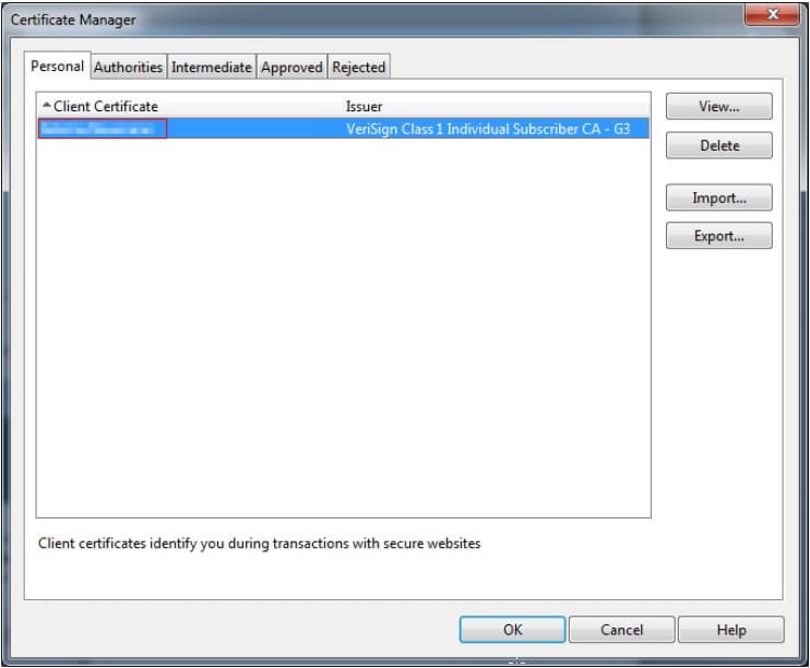Wählen Sie das gewünschte Zertifikat aus und starten Sie den Export mit einem Klick auf „Export“ Screenshot des 'Certificate Manager' im Reiter 'Personal' und Hervorhebung wichtiger Inhalte/Schaltflächen.