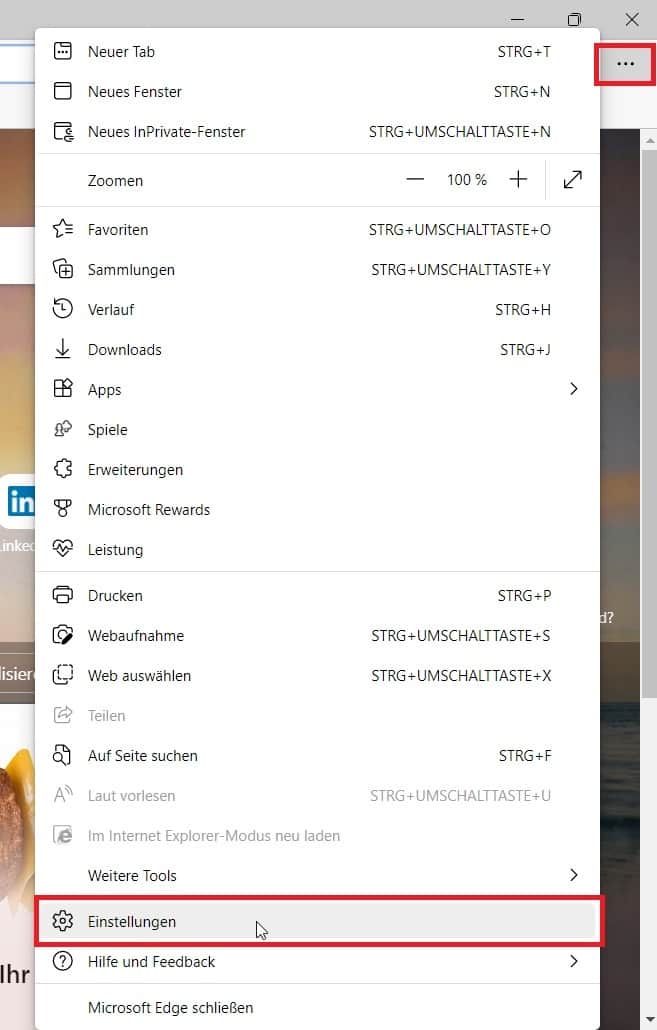 Screenshot des Menüs im Microsoft Edge-Browsers, mit dem Mauszeiger über dem Menüpunkt 'Einstellungen'.