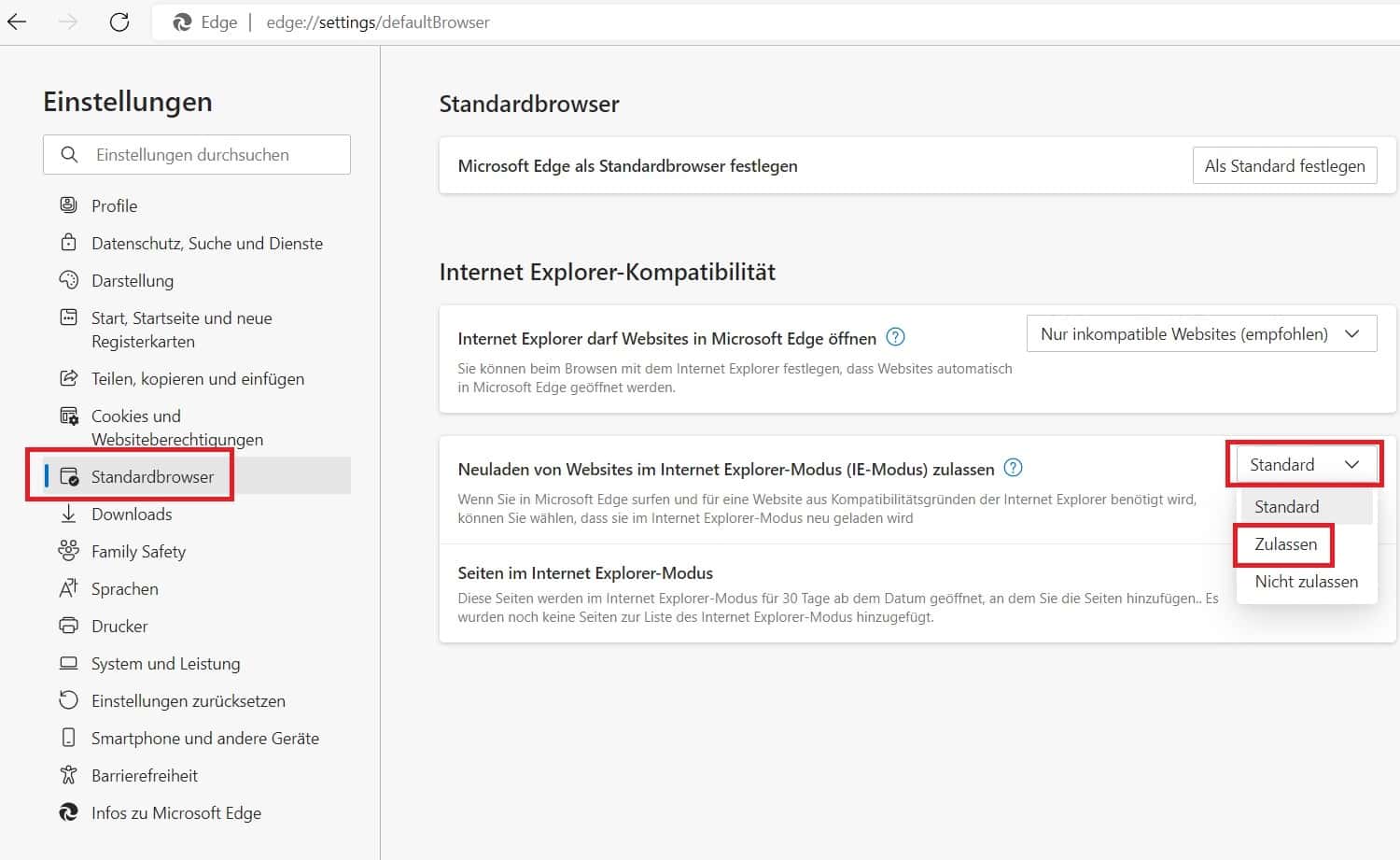 Screenshot der Microsoft Edge-Einstellungen im Reiter 'Standardbrowser', mit Hervorhebung der zu wählenden Einstellungen.