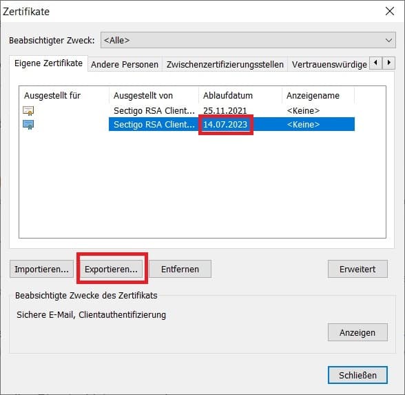 Screenshot des Popup der Zertifikatsverwaltung der Microsoft Edge-Einstellungen, mit Hervorhebung der zu wählenden Einstellungen.