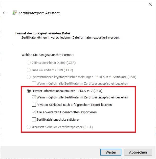 Screenshot des 'Format der zu exportierenden Datei'-Schritt im 'Zertifikatsexport-Assistent' und Hervorhebung wichtiger Inhalte/Schaltflächen.