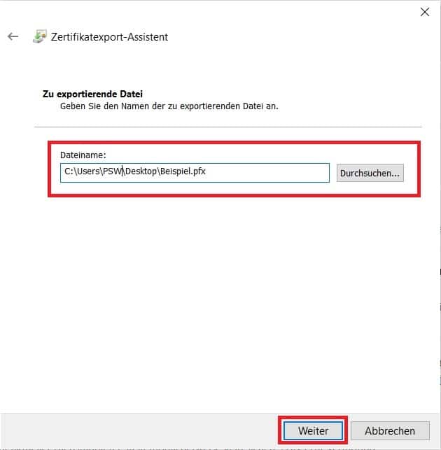 Screenshot des 'Zu exportierende Datei'-Schritt im 'Zertifikatsexport-Assistent' und Hervorhebung wichtiger Inhalte/Schaltflächen.