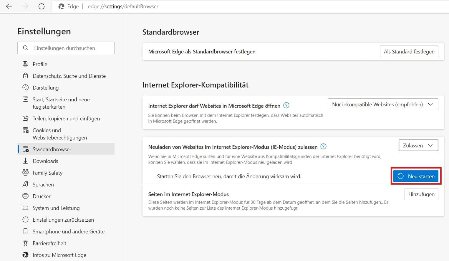 Screenshot der Microsoft Edge-Einstellungen im Reiter 'Standardbrowser', mit Hervorhebung des Neustarten-Buttons.