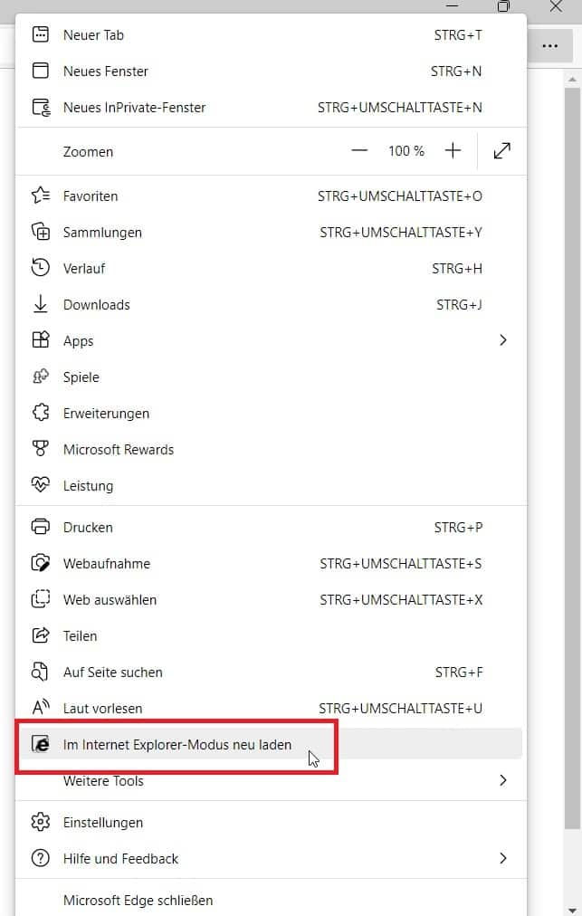 Screenshot des Menüs im Microsoft Edge-Browsers, mit dem Mauszeiger über dem Menüpunkt 'Im Internet Explorer-Modus neu laden'.