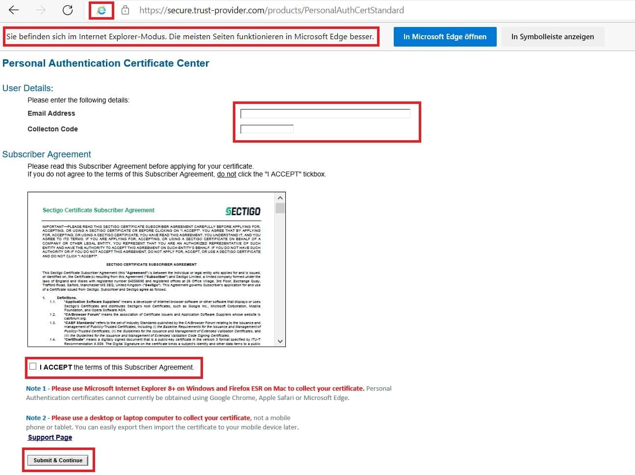 Screenshot der Sectigo-Validierungsseite im Internet Explorer-Modus des Edge, mit Hervorhebung der zu wählenden Einstellungen.