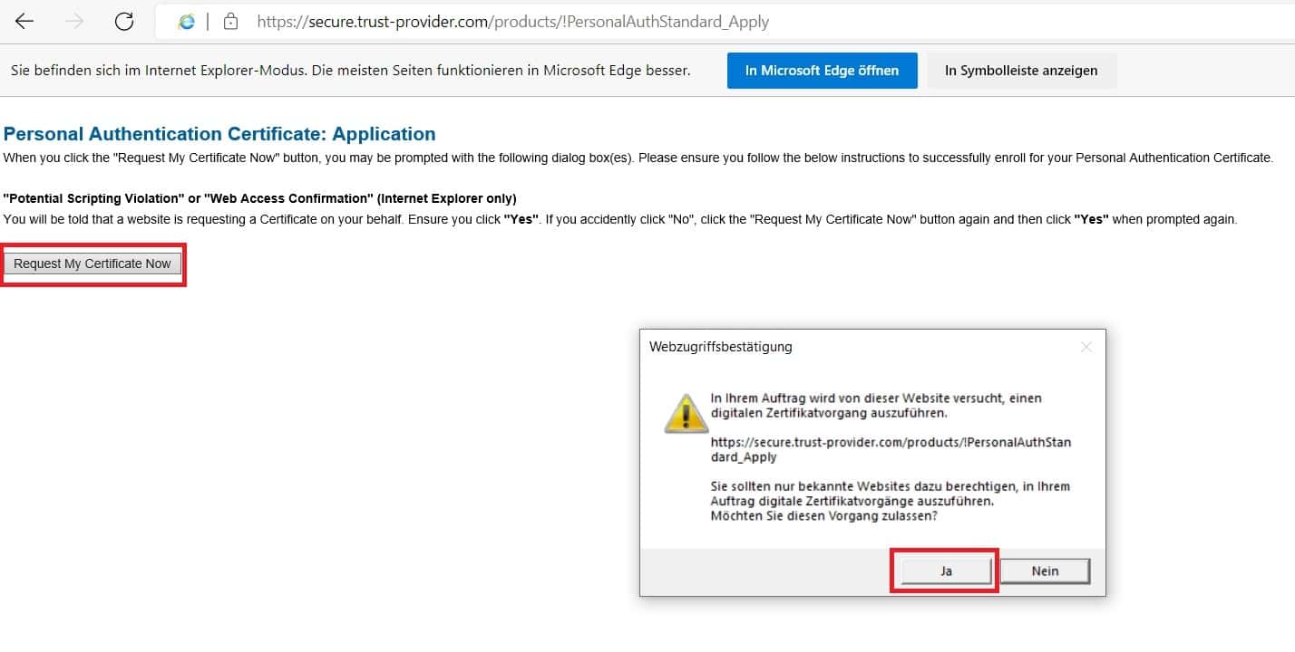 Screenshot des Bestätigungs-Popup der Sectigo-Validierungsseite, mit Hervorhebung der zu wählenden Einstellungen.