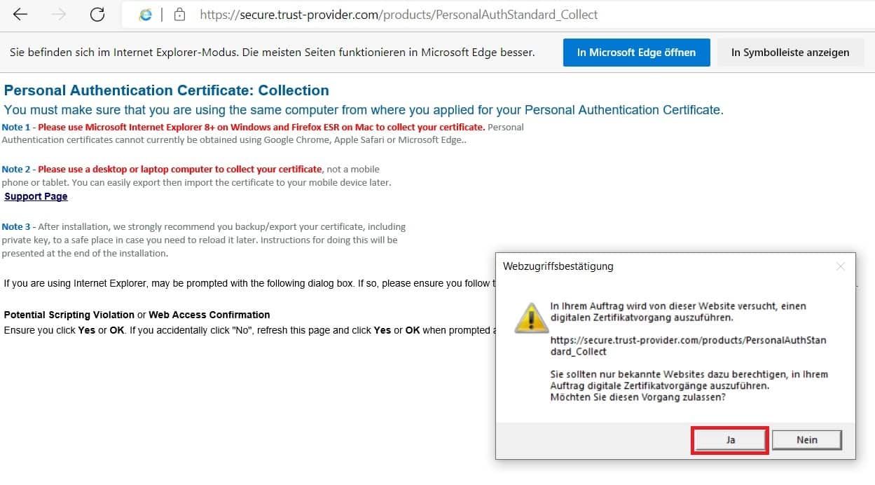 Screenshot des zweiten Bestätigungs-Popup der Sectigo-Validierungsseite, mit Hervorhebung der zu wählenden Einstellungen.