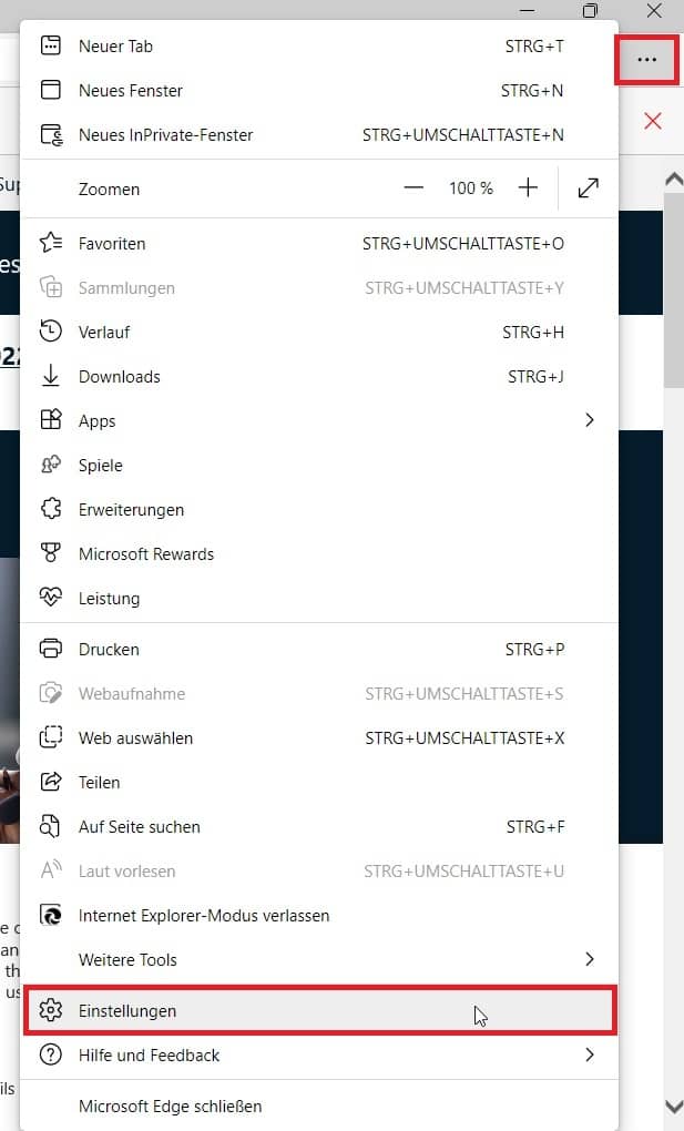 Screenshot des Menüs im Microsoft Edge-Browsers, mit dem Mauszeiger über dem Menüpunkt 'Einstellungen'.