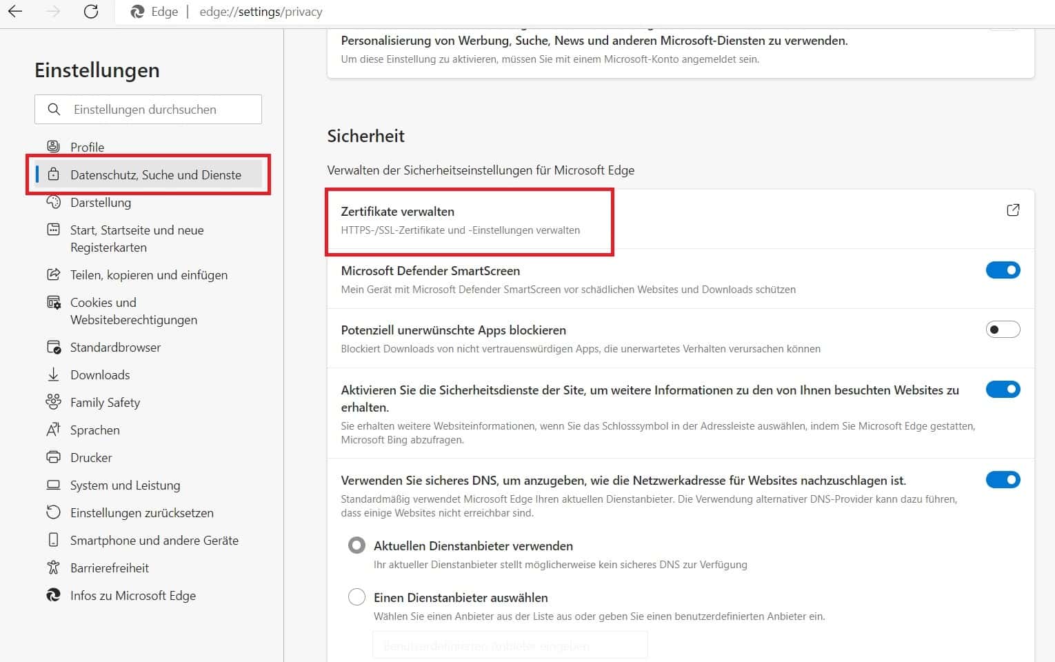 Screenshot der Microsoft Edge-Einstellungen im Reiter 'Datenschutz, Suche und Dienste', mit Hervorhebung der zu wählenden Einstellungen.