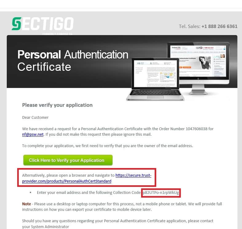 Screenshot der Sectigo-E-Mail mit hervorgehobenen Validierungslink.