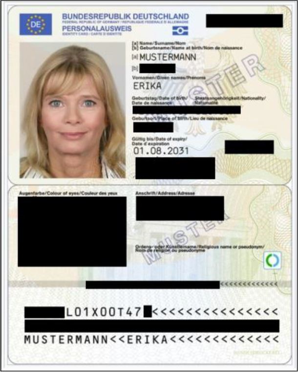 Beispiel eines geschwärzten deutschen Personalausweises (Vorder- und Rückseite)
