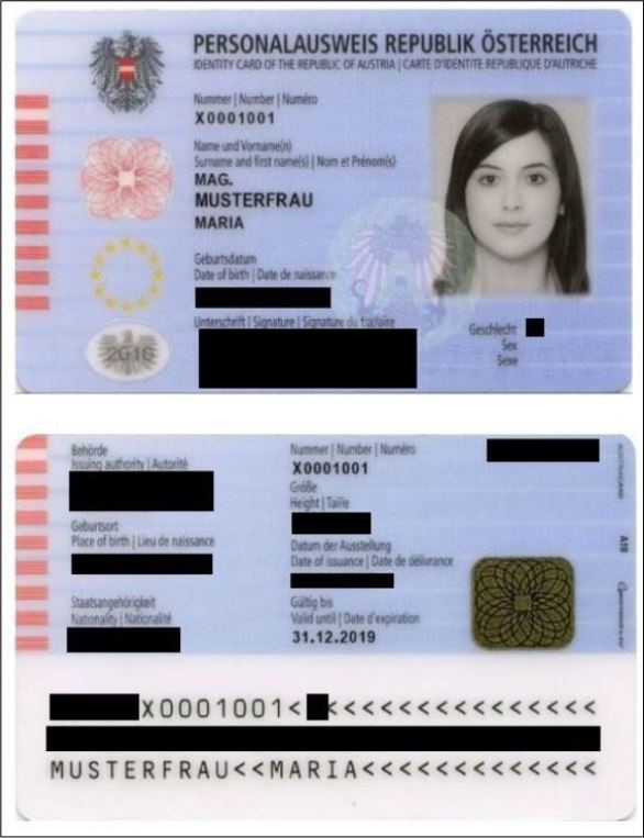Beispiel eines geschwärzten österreichischen Personalausweises (Vorder- und Rückseite)