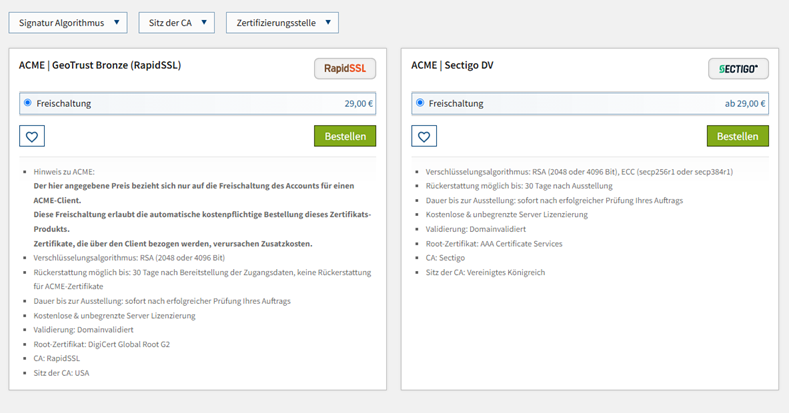 Screenshot der Ansicht der Sectigo ACME-Zertifikate, jeweils mit Preis, Bestellbutton und technischen Angaben.