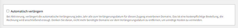 Screenshot der Option „Automatisch verlängern“ mit Hinweis auf die jährliche kostenpflichtige Verlängerung der für den ACME-Zugang erworbenen Domains.